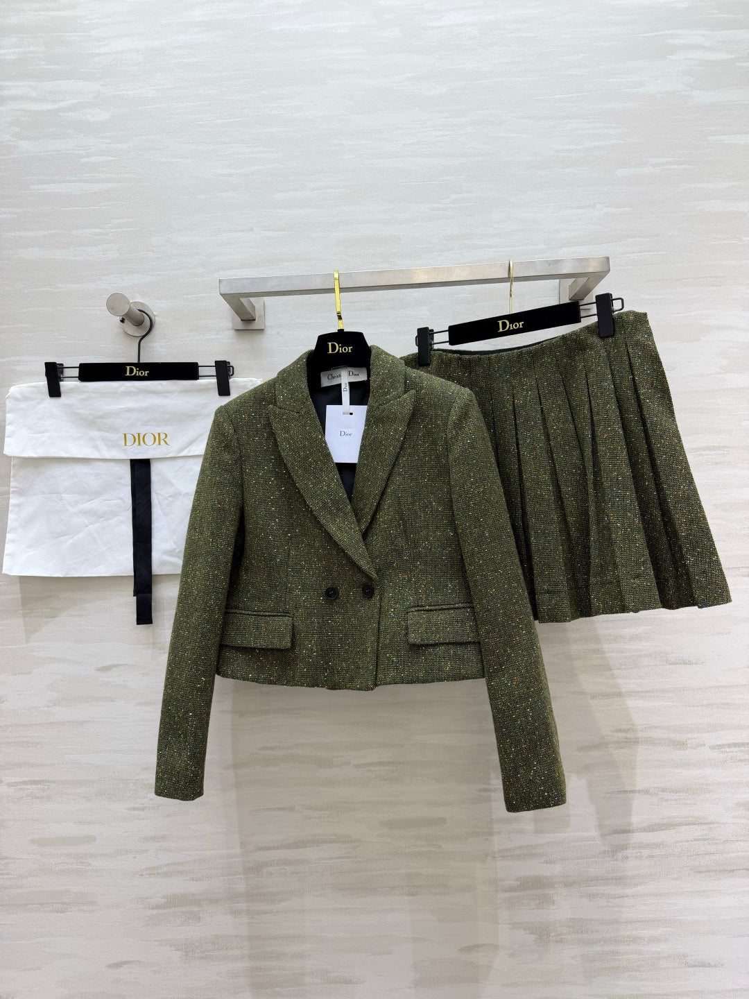 CD 26s Cropped Jacket & Pleated Skirt Set Khaki Green Tweed 437187