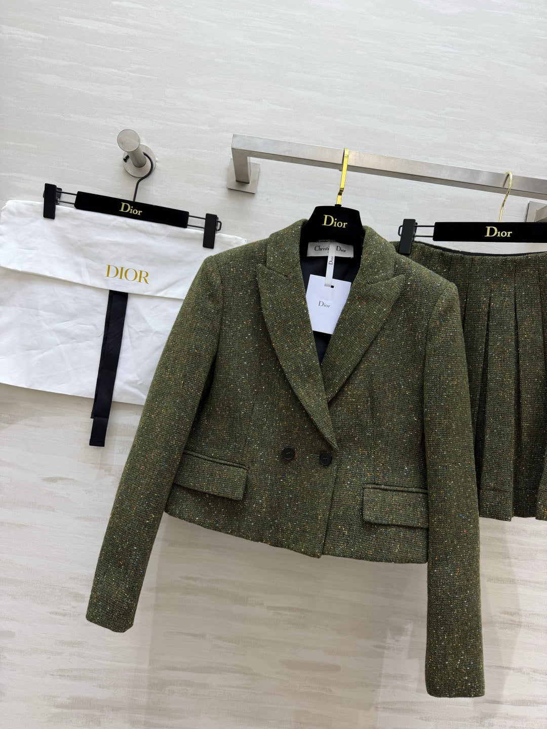 CD 26s Cropped Jacket & Pleated Skirt Set Khaki Green Tweed 437187