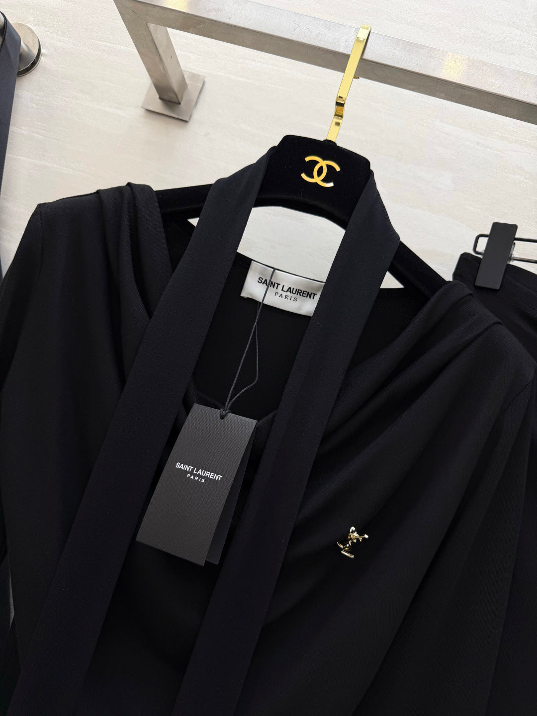 YSL 26s Draped Scarf Top & Midi Skirt Set Black Silk 437092