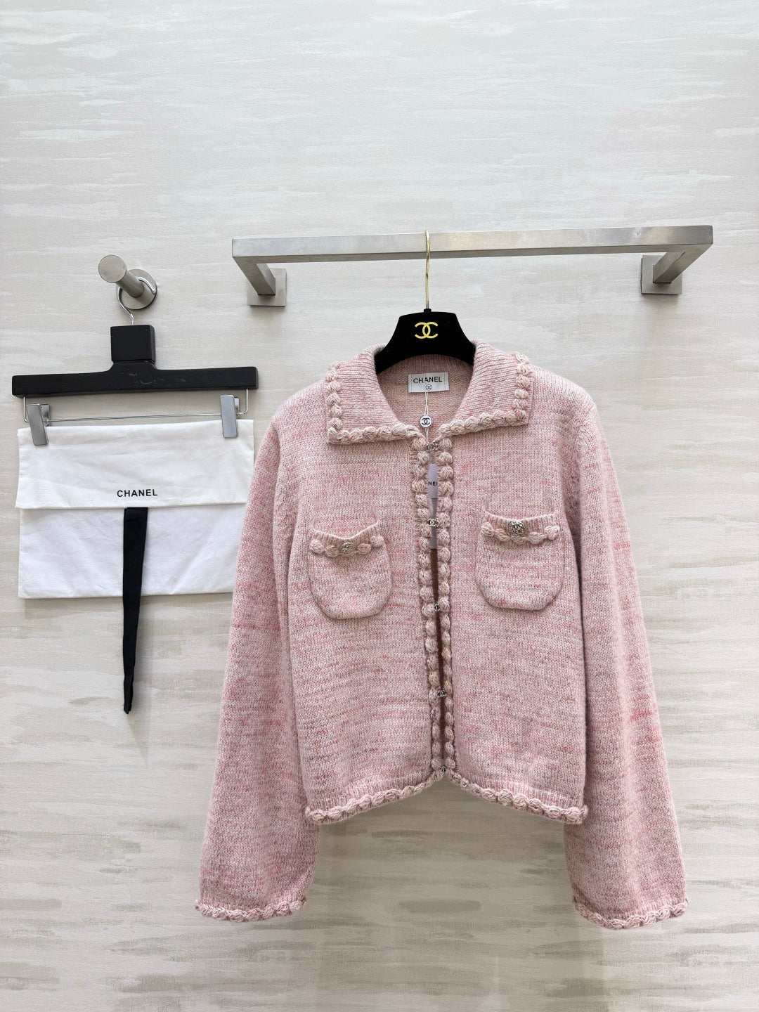 Chanel 26s Braided-Trim Tweed Knit Cardigan Pink 438030
