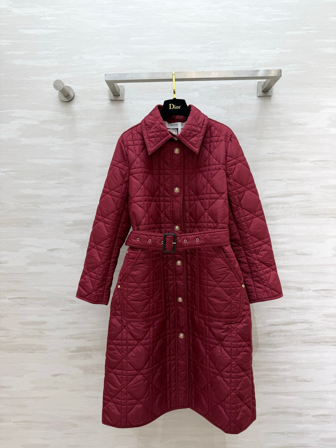 Dior 26s Cannage Quilted Belted Long Coat Burgundy 438702