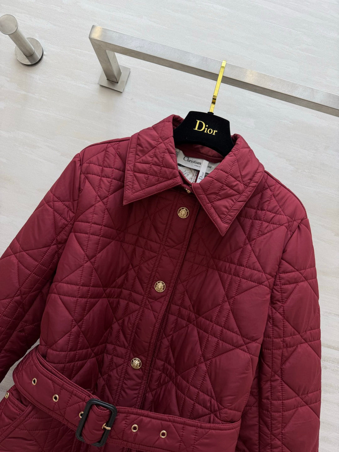 Dior 26s Cannage Quilted Belted Long Coat Burgundy 438702