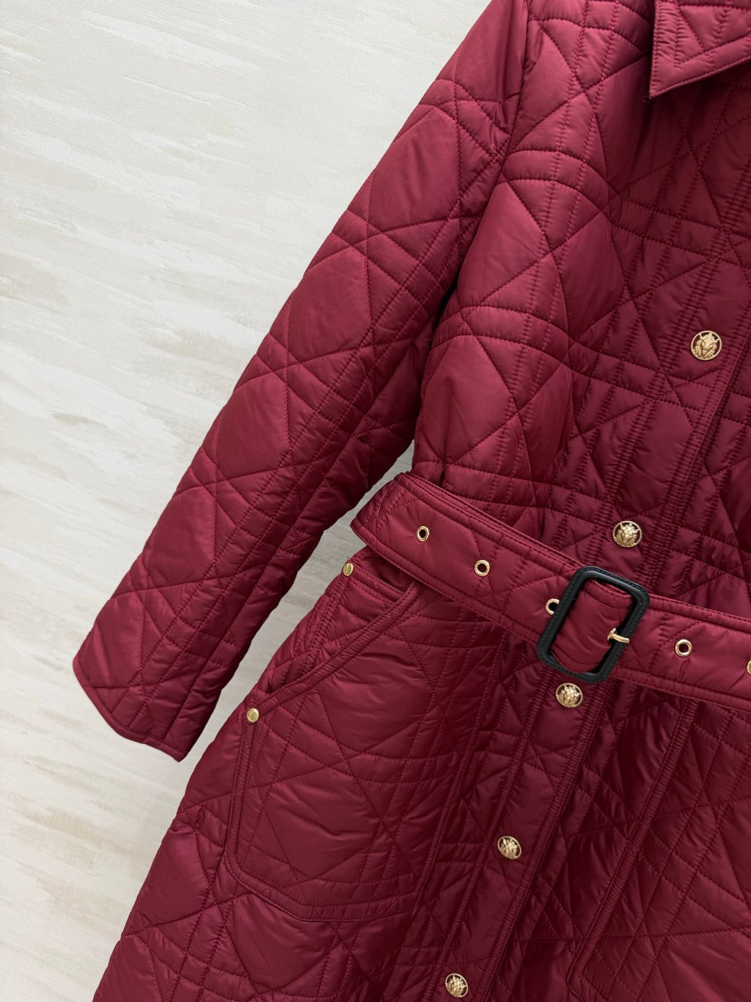 Dior 26s Cannage Quilted Belted Long Coat Burgundy 438702