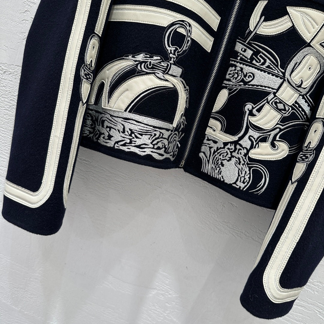 HM Embroidered Short Black White Coat Wool Cashmere Calfskin 349660