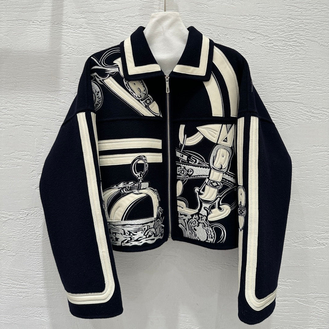 HM Embroidered Short Black White Coat Wool Cashmere Calfskin 349660