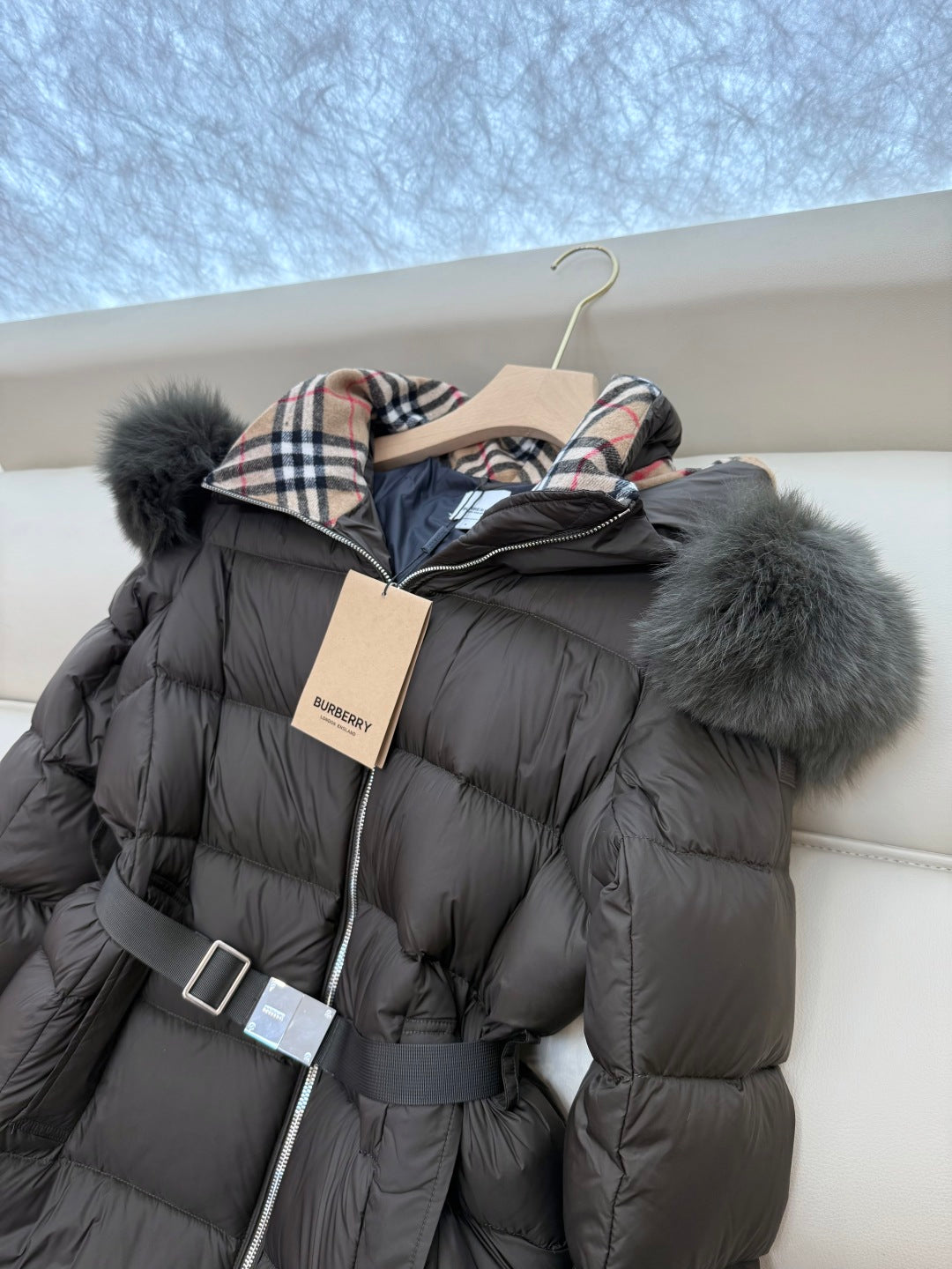 Burberry 25 Fur Collar Plaid Slim-fit Khaki Jacket Polyester Down