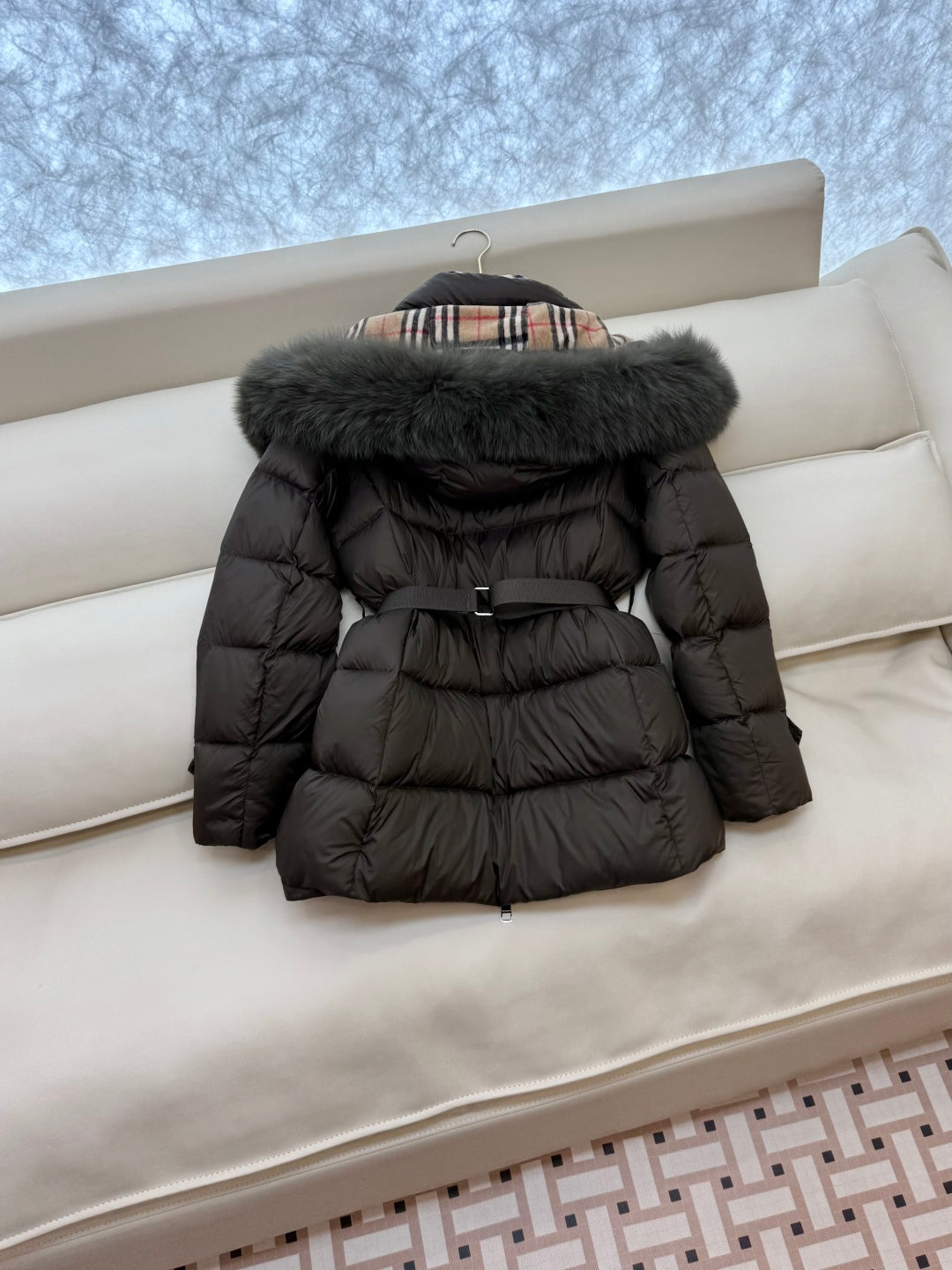 Burberry 25 Fur Collar Plaid Slim-fit Khaki Jacket Polyester Down