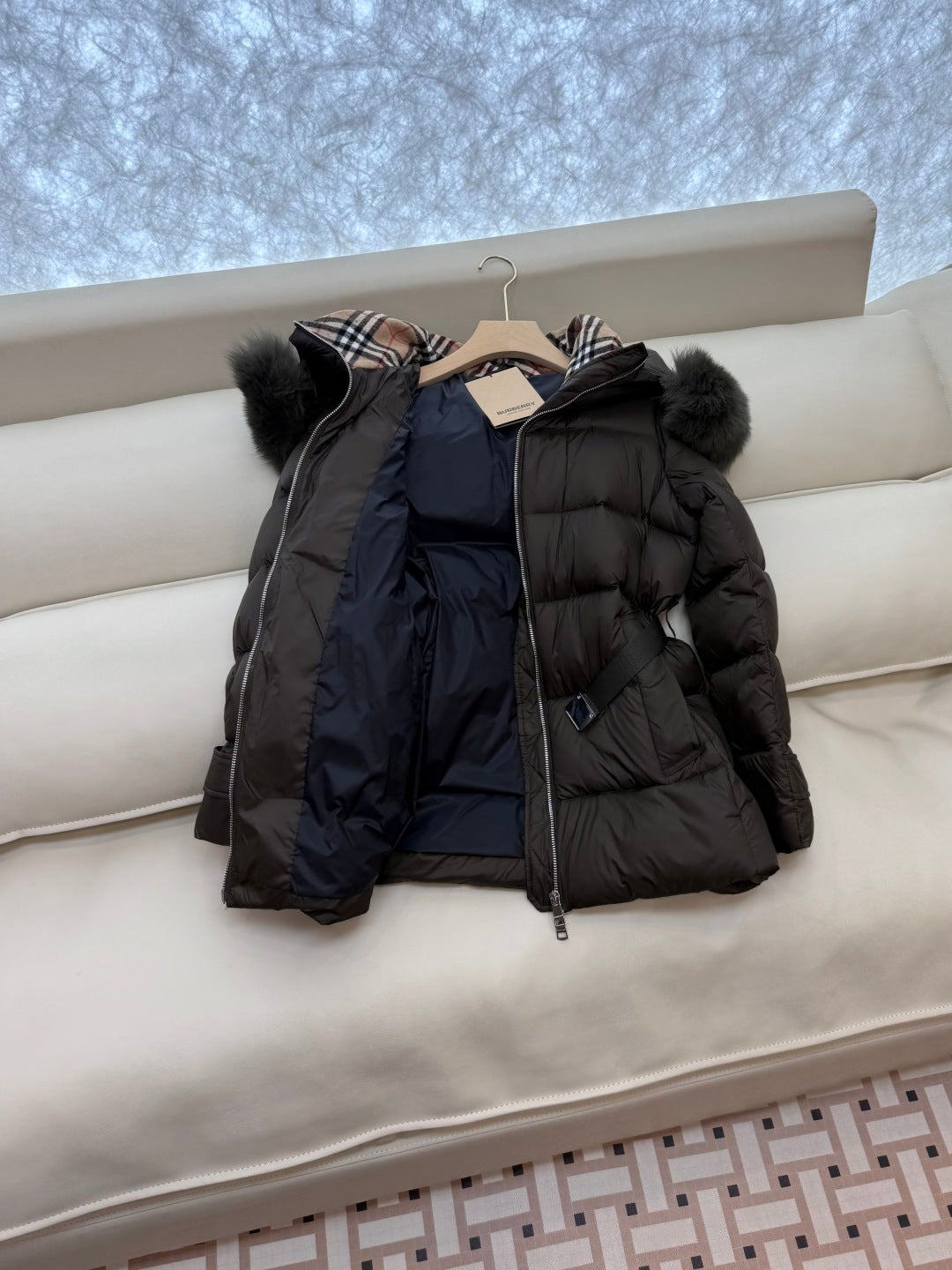 Burberry 25 Fur Collar Plaid Slim-fit Khaki Jacket Polyester Down