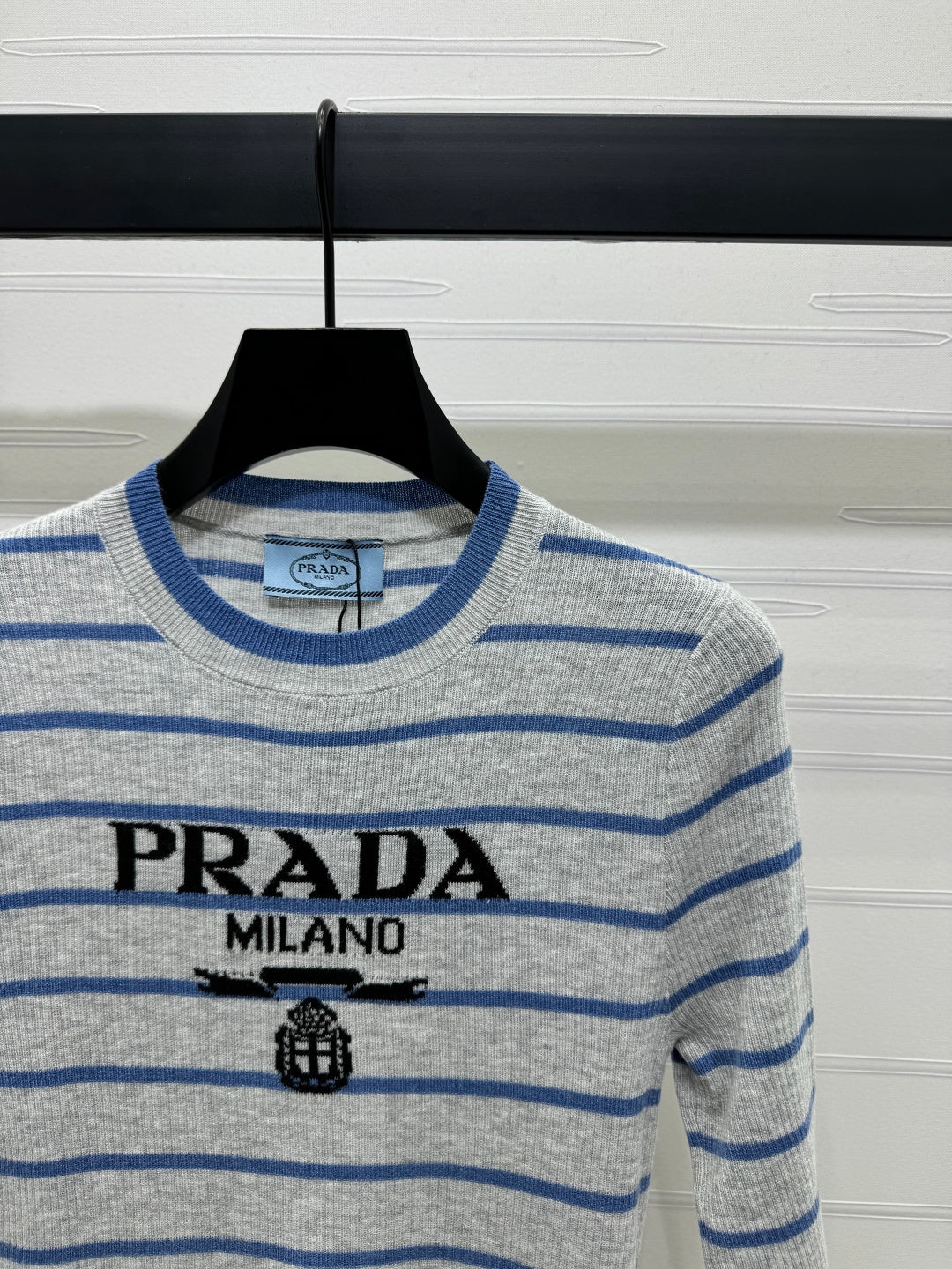 Prada Logo-Intarsia Striped Top Marble Grey Wool 351053