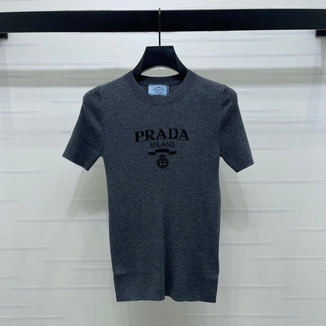 Prada Round Neck Knit Short-Sleeve Top Slate Gray Wool 351042
