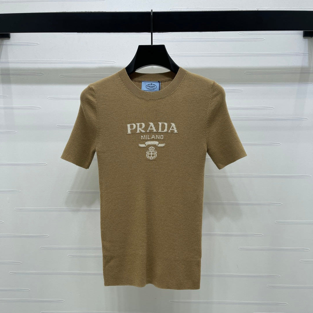 Prada Round Neck Knit Short-Sleeve Top Camel Wool 351040