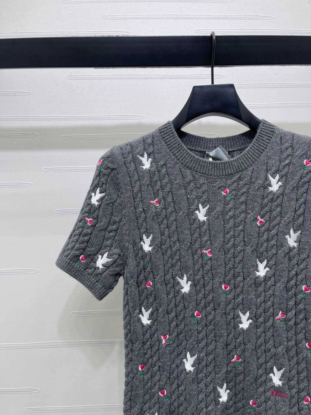 CD SS26 Embroidered Cable-Knit Sweater Bird Rose Grey Cashmere 351088