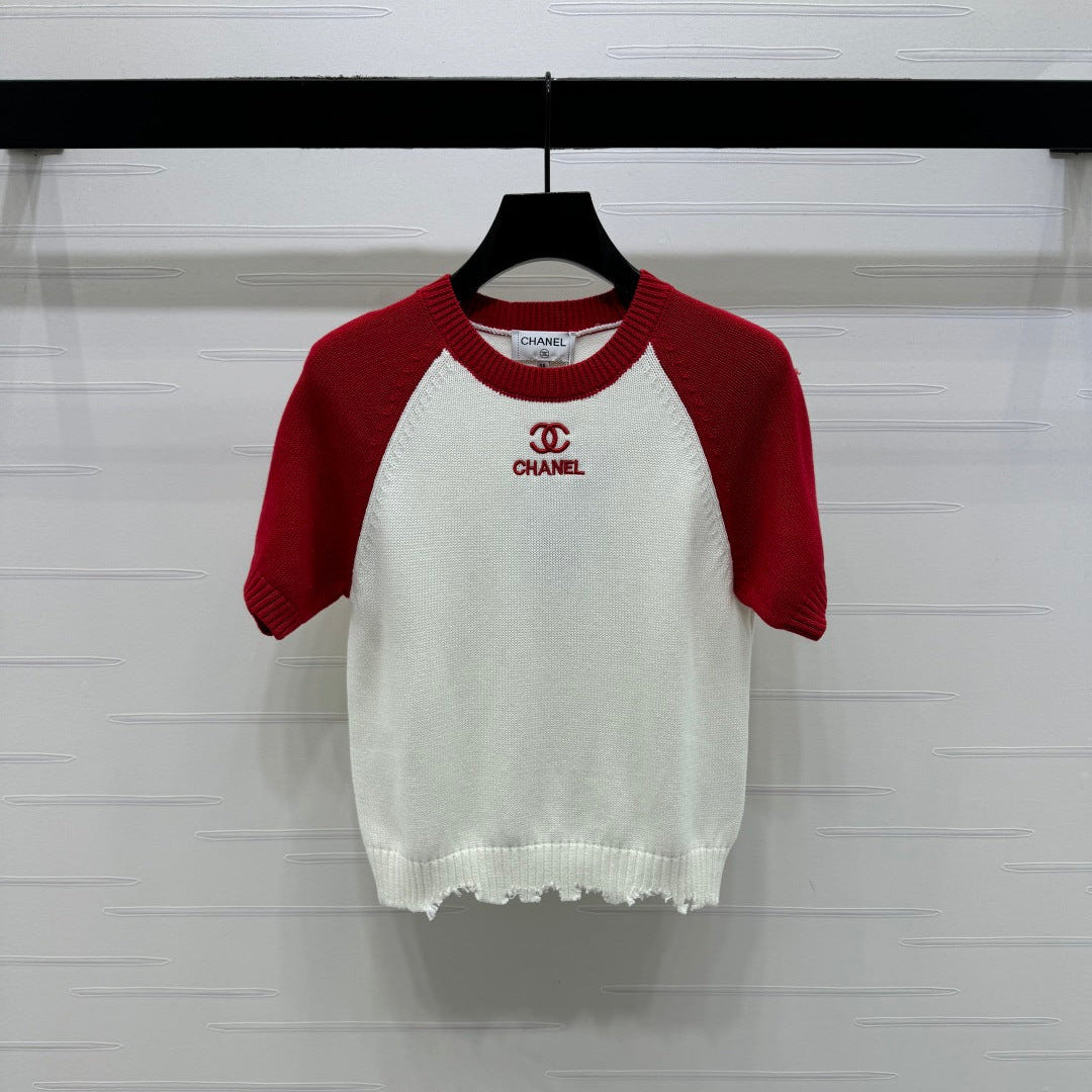 CC Short Sleeve Knitted Sweater White Red Cashmere Wool 351023