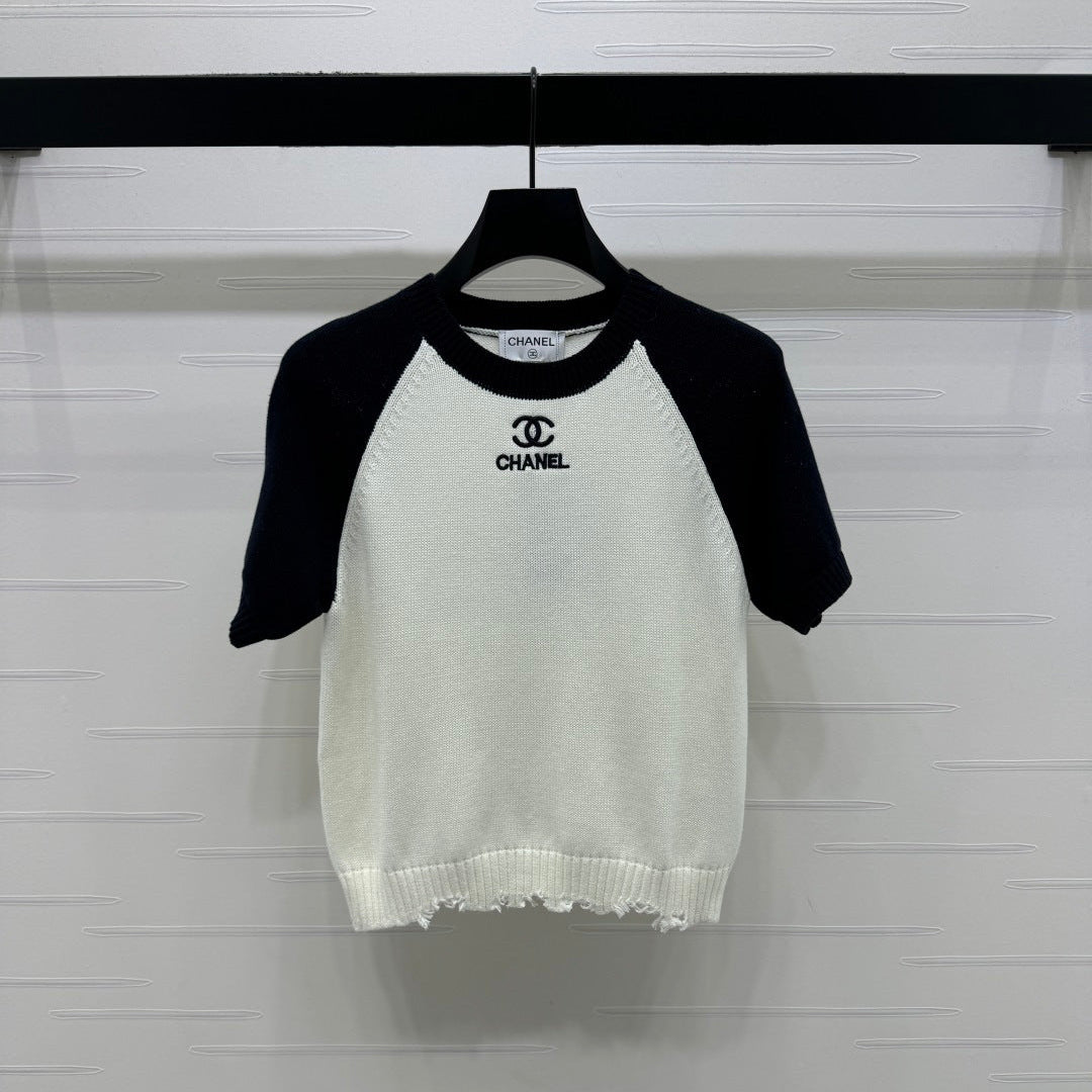 CC Short Sleeve Knitted Sweater White Black Cashmere Wool 351022