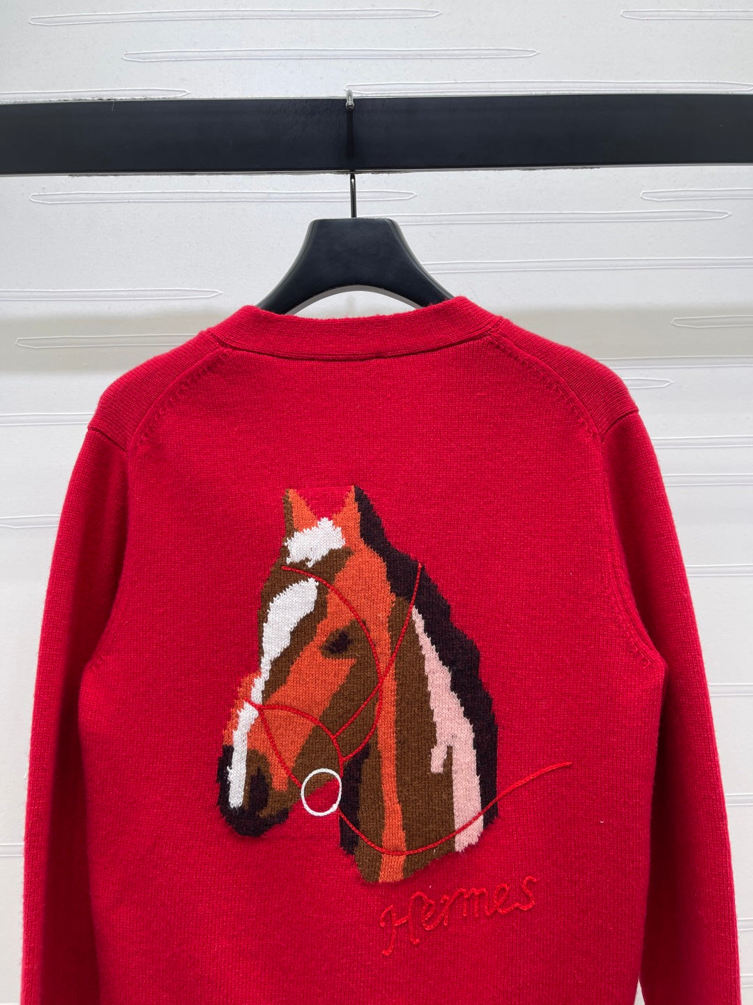 HM 26s Jacquard Horsehead V-Neck Knit Cardigan Red Wool 344105