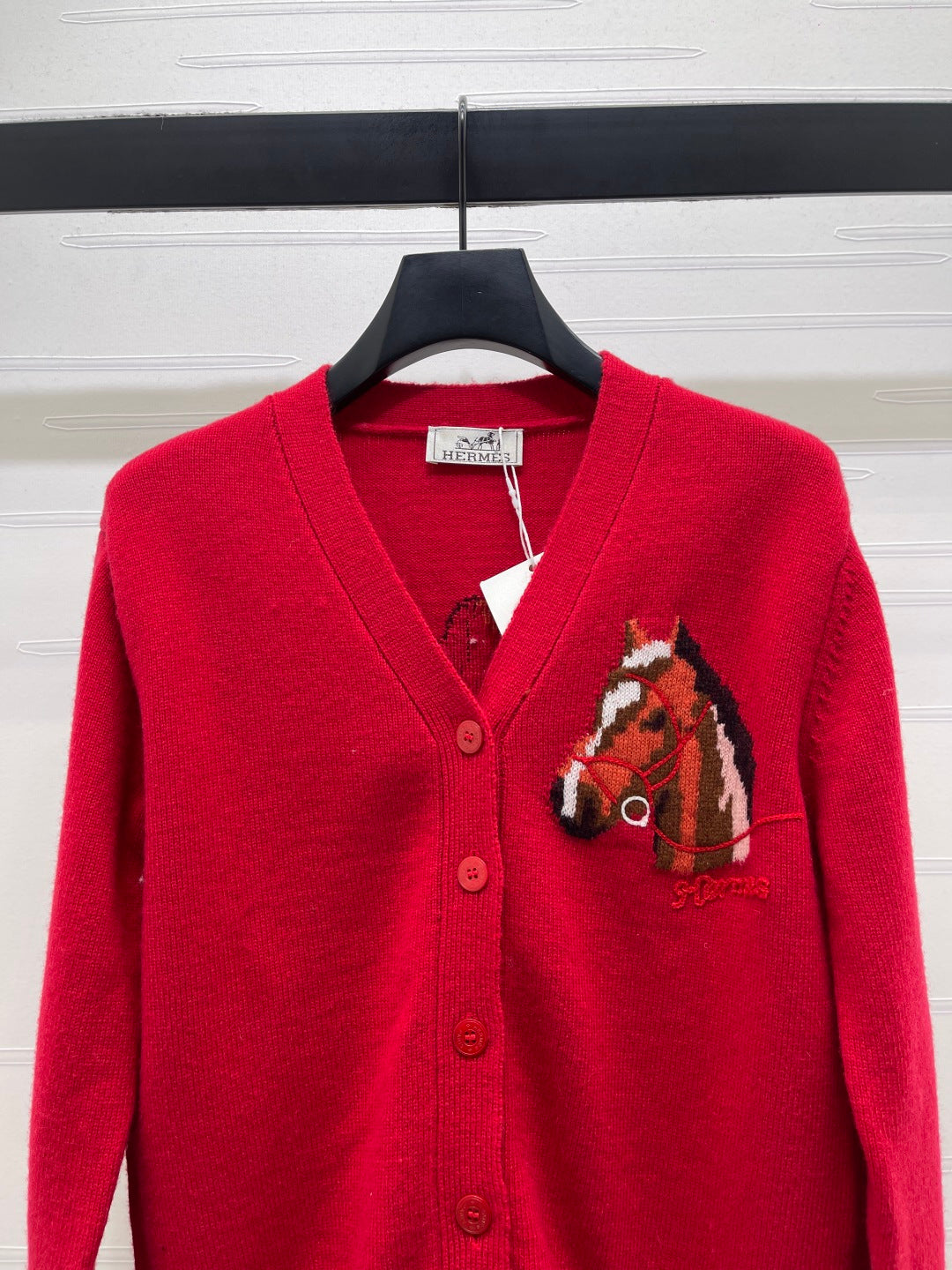 HM 26s Jacquard Horsehead V-Neck Knit Cardigan Red Wool 344105