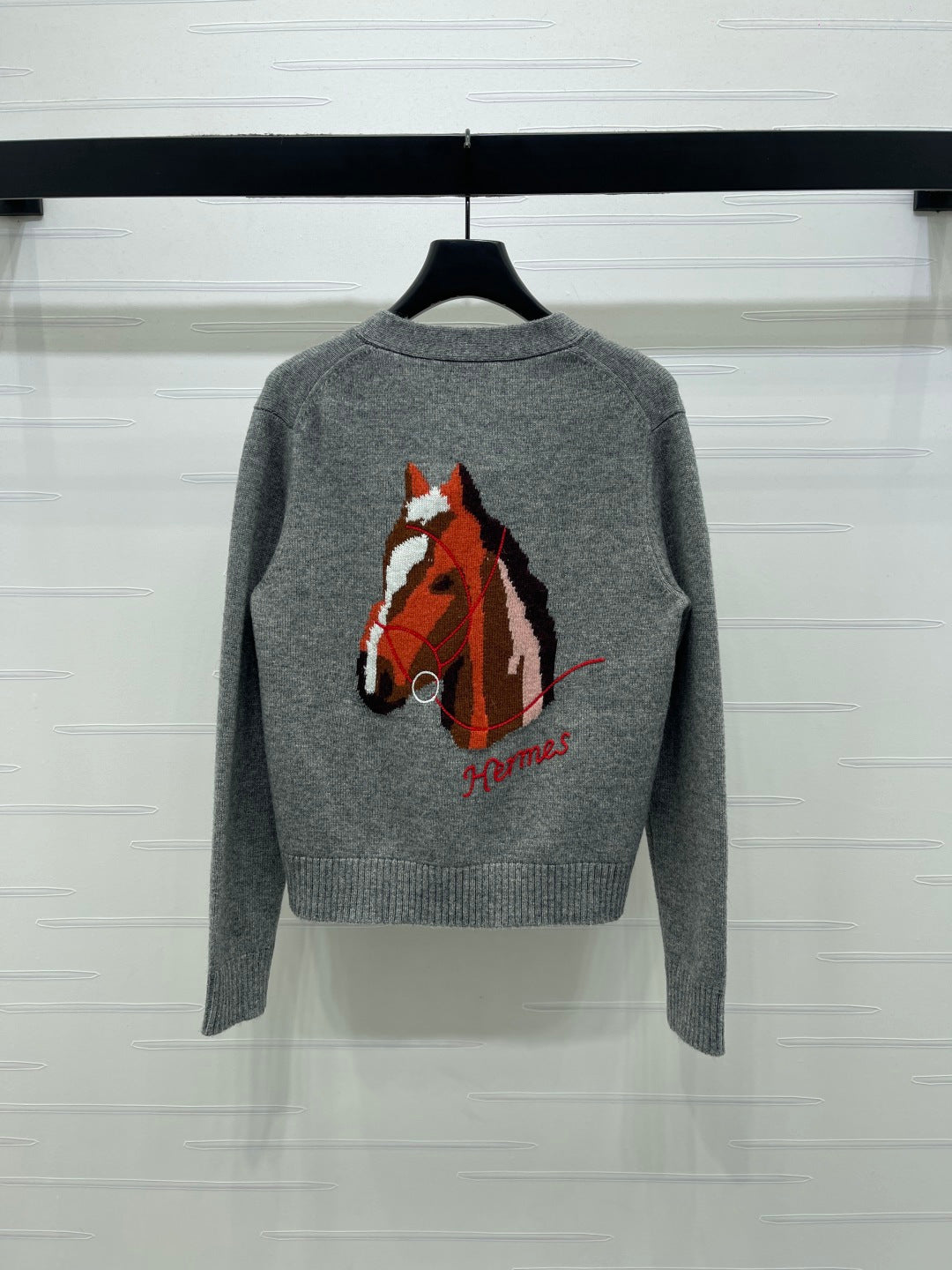 HM 26s Jacquard Horsehead V-Neck Knit Cardigan Grey Wool 344106