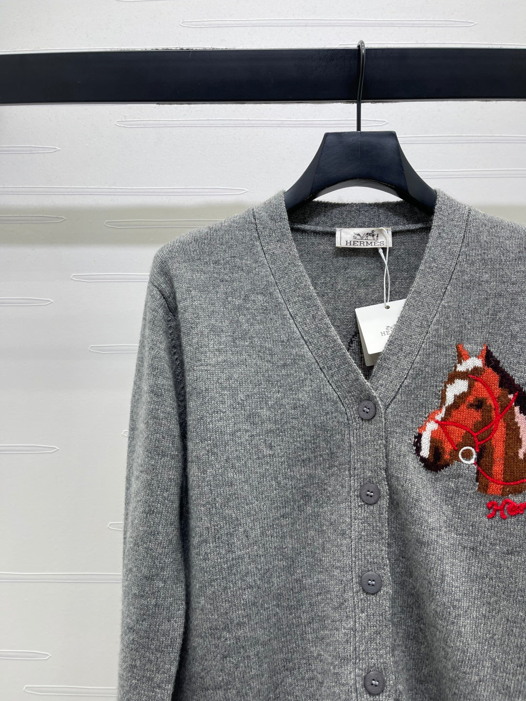 HM 26s Jacquard Horsehead V-Neck Knit Cardigan Grey Wool 344106