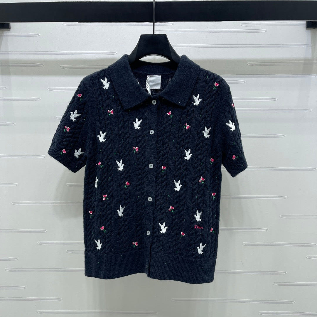 CD SS26 Embroidered Knit Polo Shirt Bird Rose Navy Blue Cashmere 351083