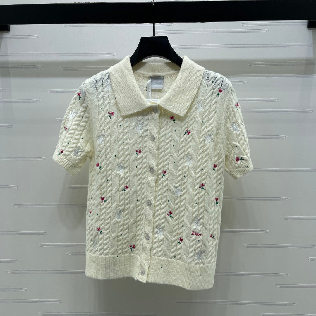 CD SS26 Embroidered Knit Polo Shirt Bird Rose Ivory Cashmere 351082