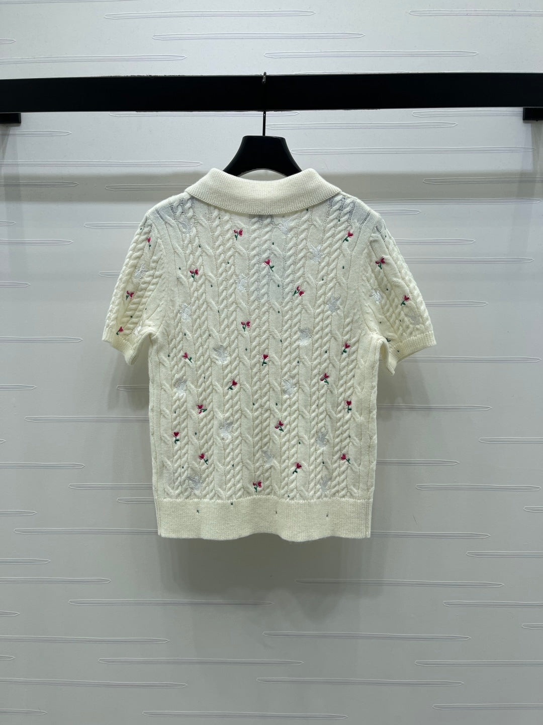 CD SS26 Embroidered Knit Polo Shirt Bird Rose Ivory Cashmere 351082