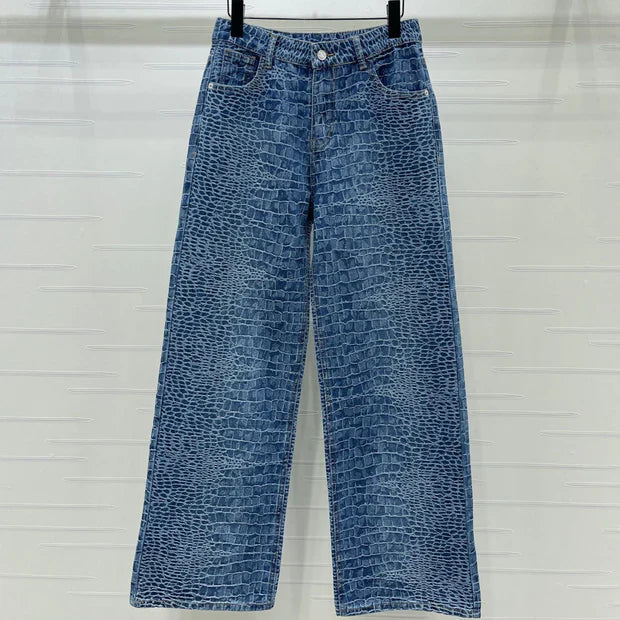 Chanel 2026 Crocodile-embossed High-waisted Jean Blue Cotton 363373