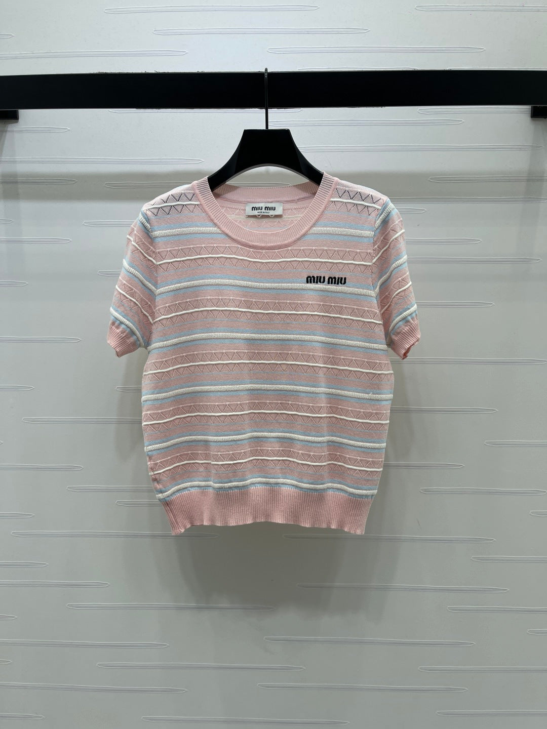 Miu Striped Knit Short-Sleeved Top Light Pink Acrylic Tencel 373125