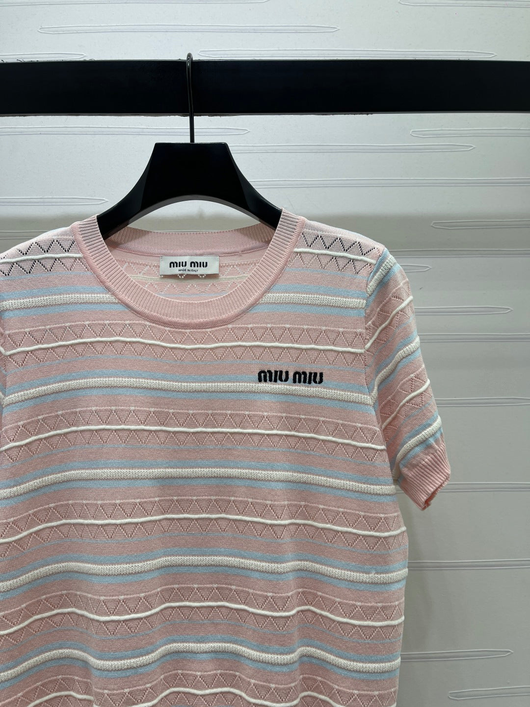 Miu Striped Knit Short-Sleeved Top Light Pink Acrylic Tencel 373125