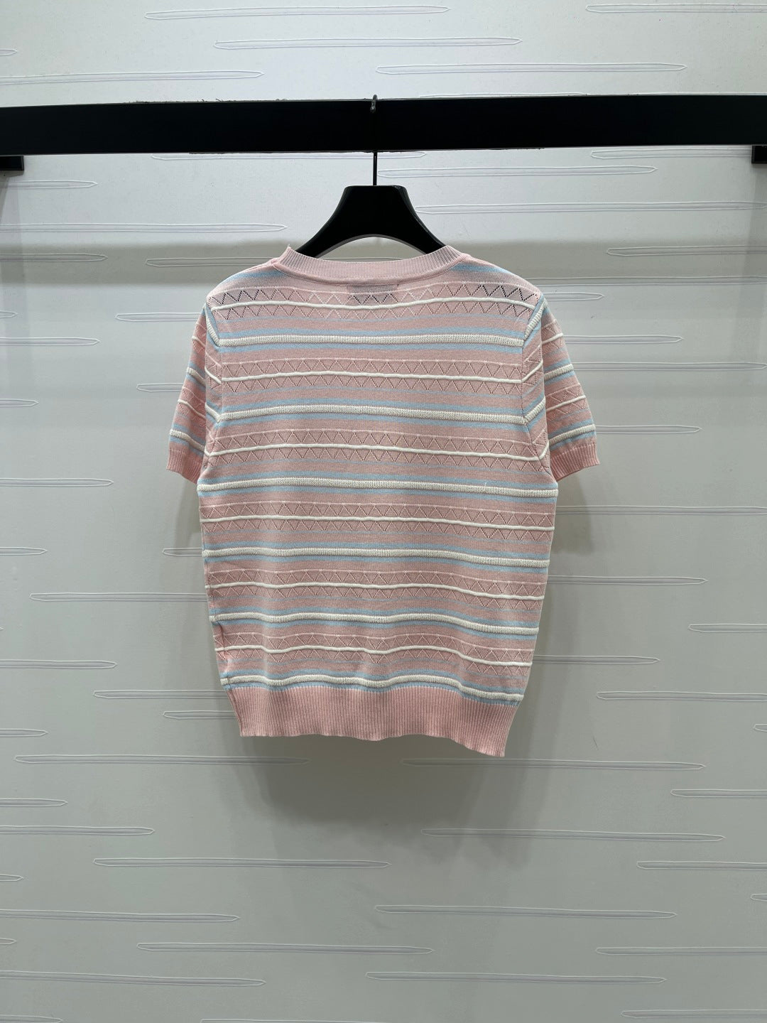 Miu Striped Knit Short-Sleeved Top Light Pink Acrylic Tencel 373125