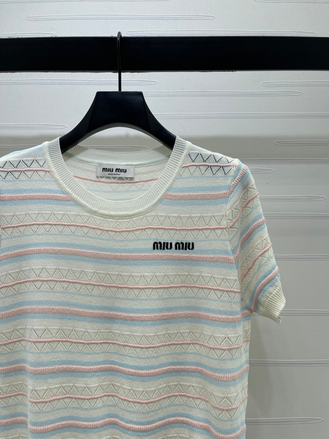 Miu Striped Knit Short-Sleeved Top Ivory Acrylic Tencel 373124