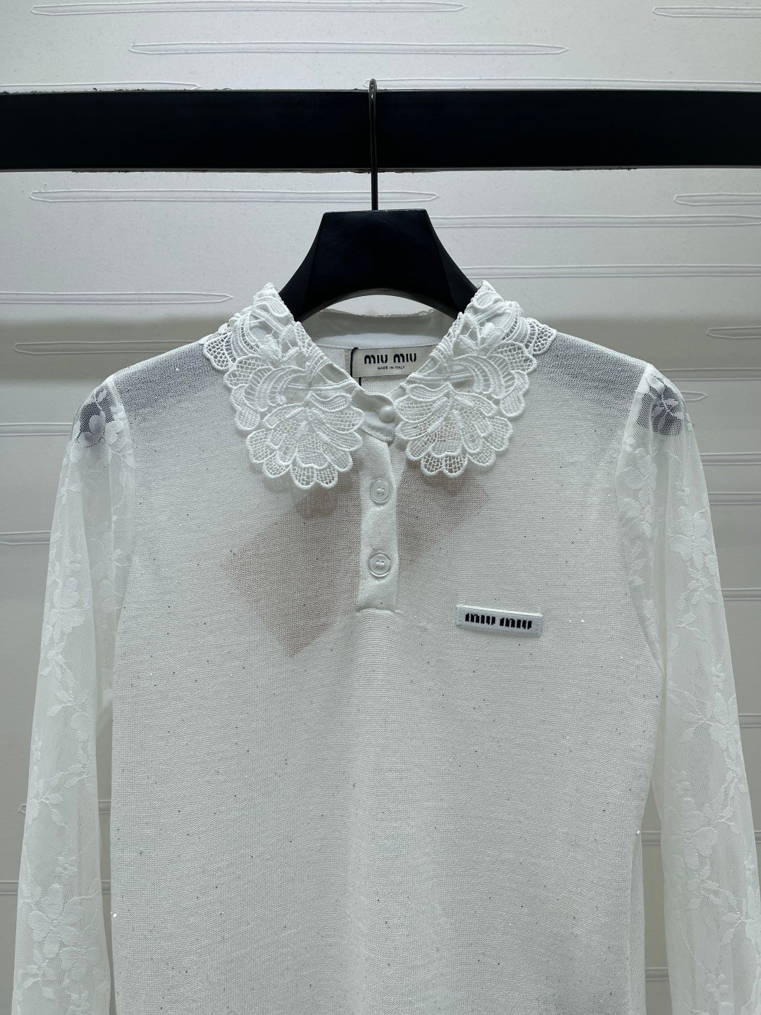 Miu Crochet Knit Long-Sleeved Top Tencel Nylon 373150
