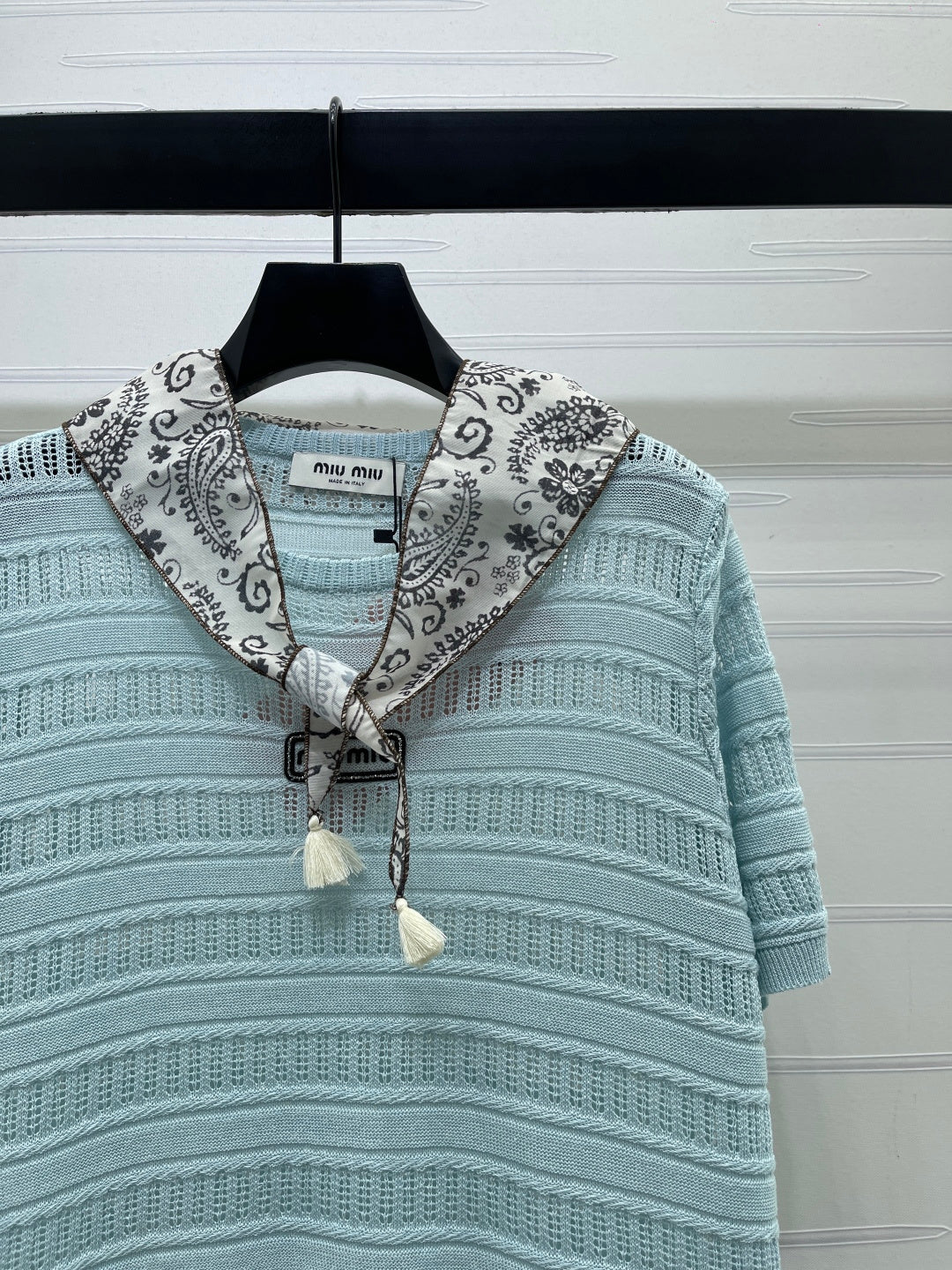 Miu Knit Short-Sleeved Top Light Blue Nylon Wool 380778
