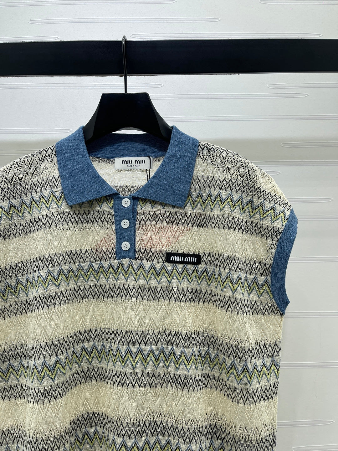 Miu Knit Short-Sleeved Top Blue/Cream Wool Nylon 380769