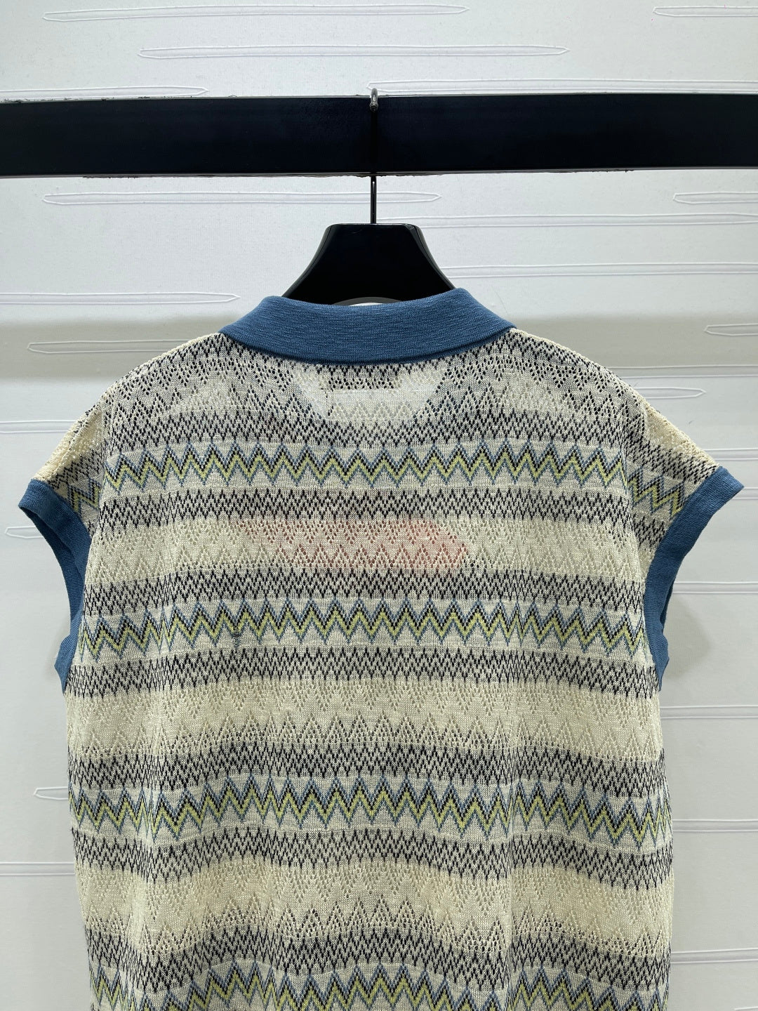 Miu Knit Short-Sleeved Top Blue/Cream Wool Nylon 380769
