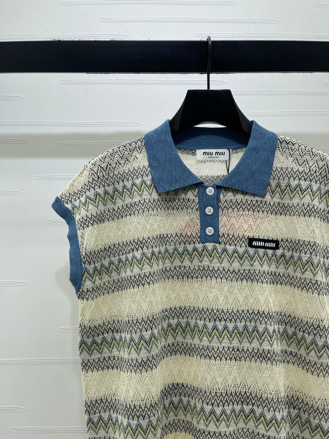 Miu Knit Short-Sleeved Top Blue/Cream Wool Nylon 380769