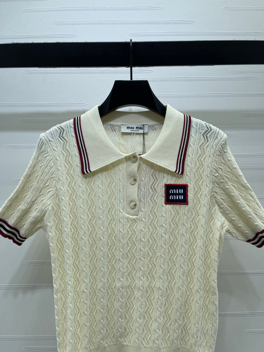 Miu Knit Short-Sleeved Cream Burgundy Tencel Wool 380755