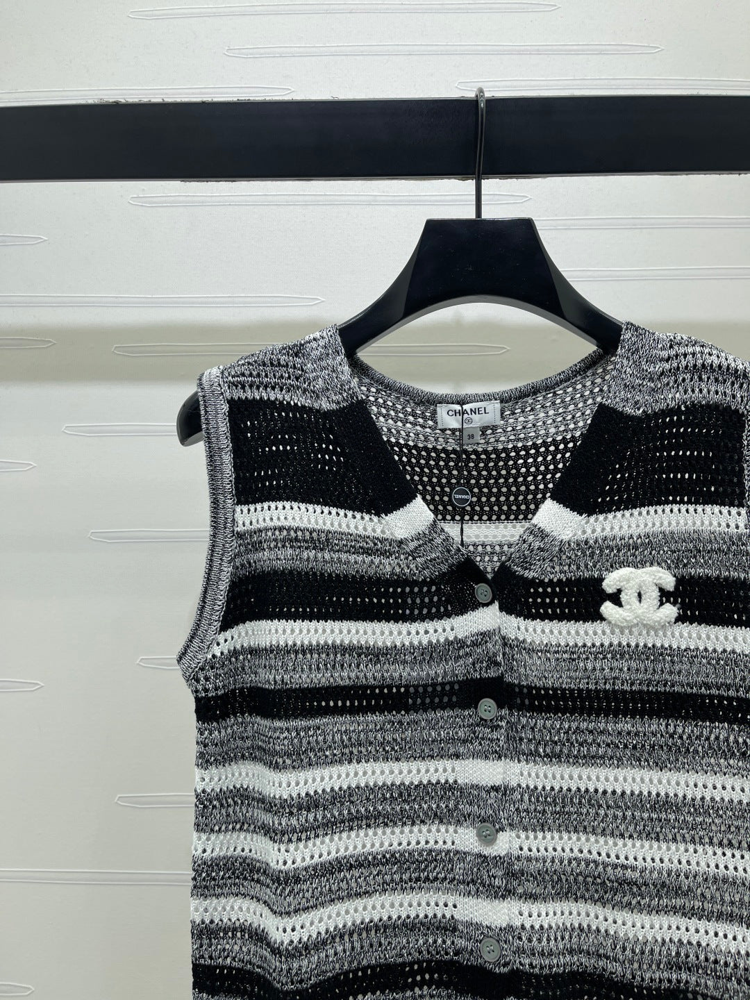 CC 26s V-Neck Knitted Vest Black Grey Cotton 382094
