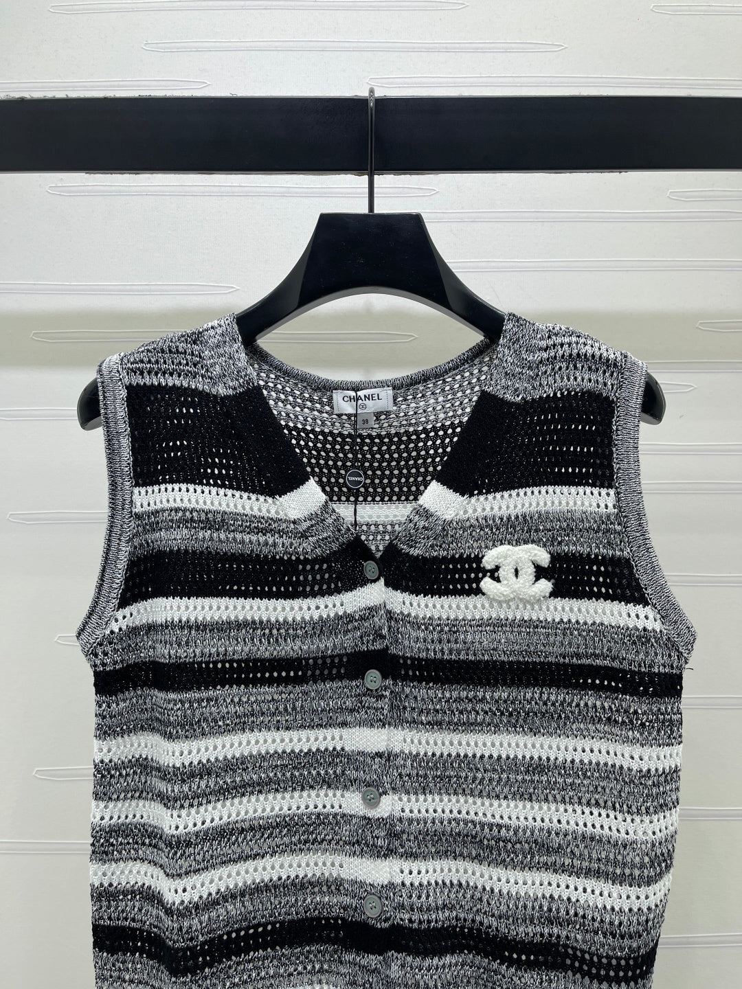 CC 26s V-Neck Knitted Vest Black Grey Cotton 382094