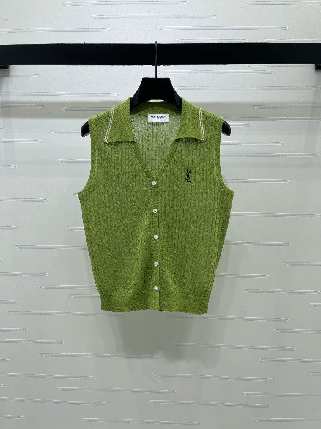 YSL Collared Knit Vest Green Spun Silk Linen 397457