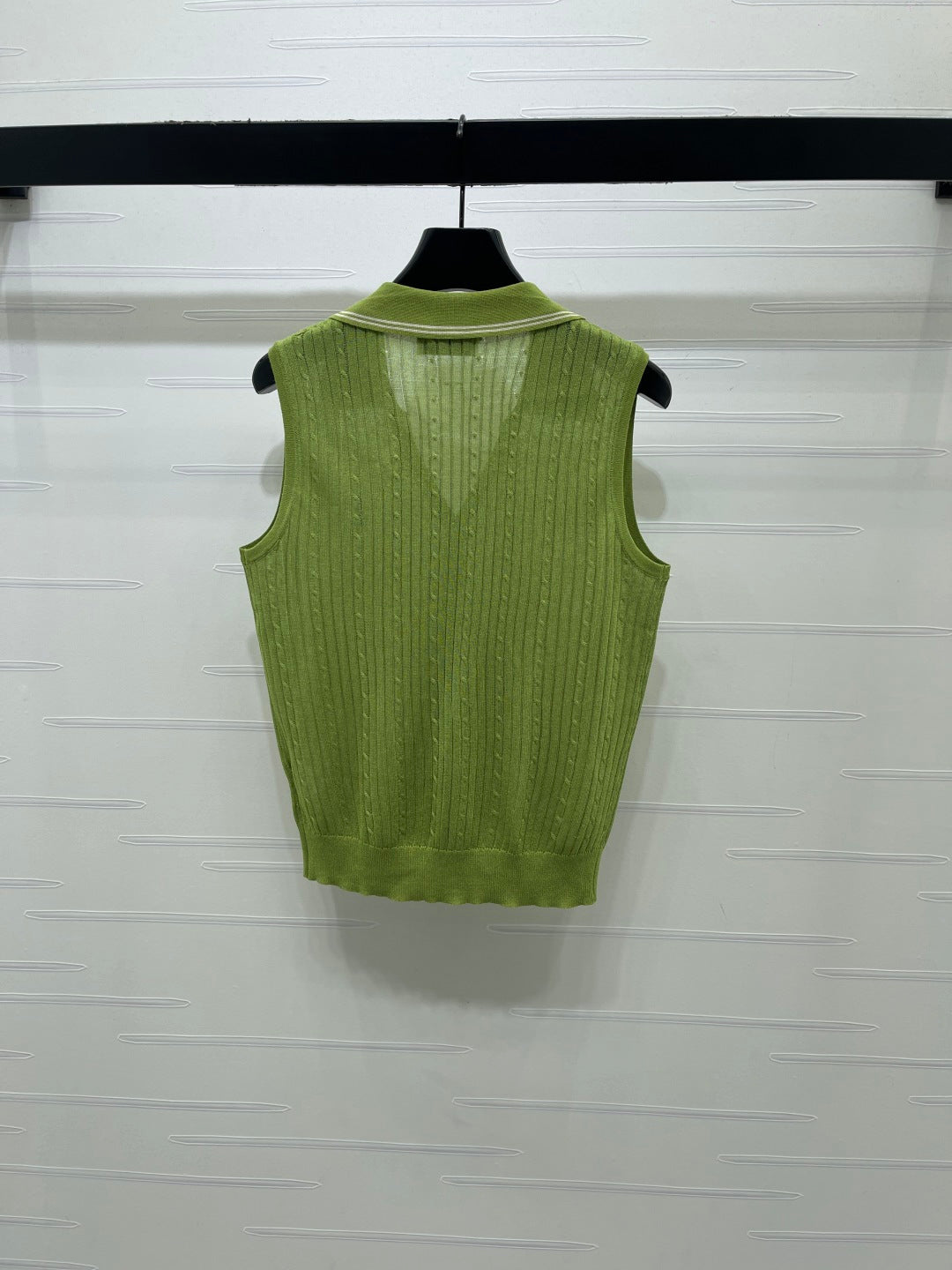 YSL Collared Knit Vest Green Spun Silk Linen 397457