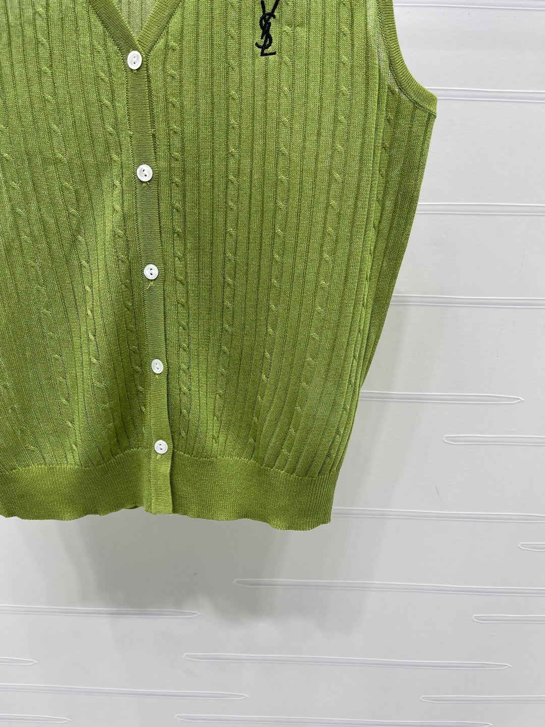 YSL Collared Knit Vest Green Spun Silk Linen 397457