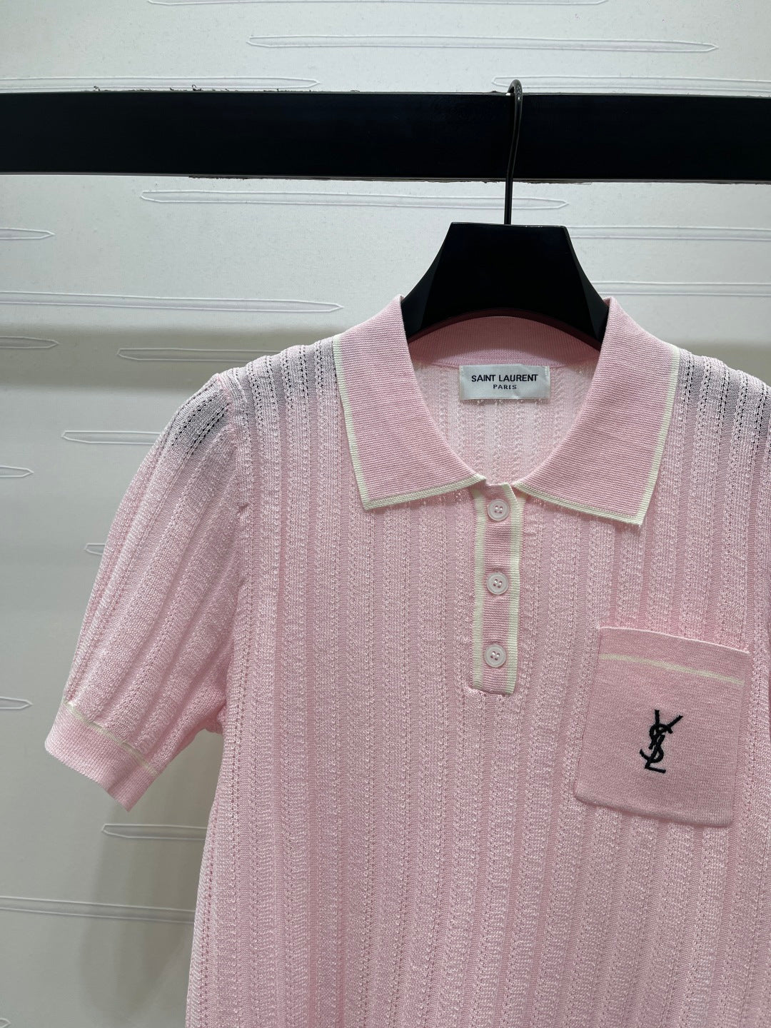 YSL 26s Knit Short-Sleeved Top Light Pink Silk Linen 401586