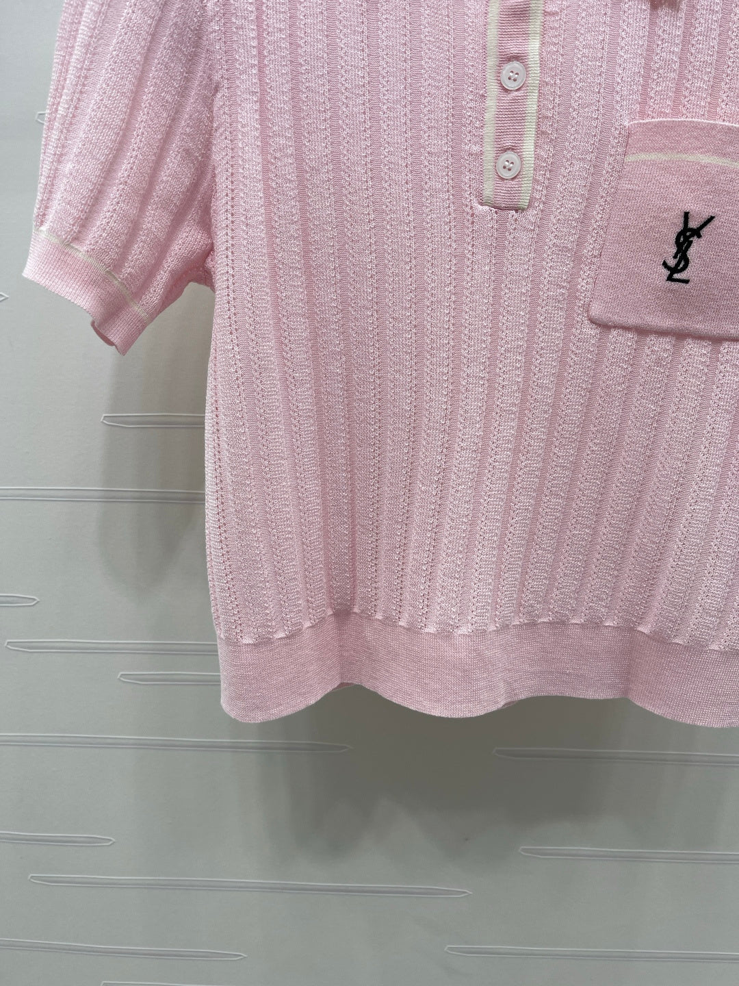 YSL 26s Knit Short-Sleeved Top Light Pink Silk Linen 401586