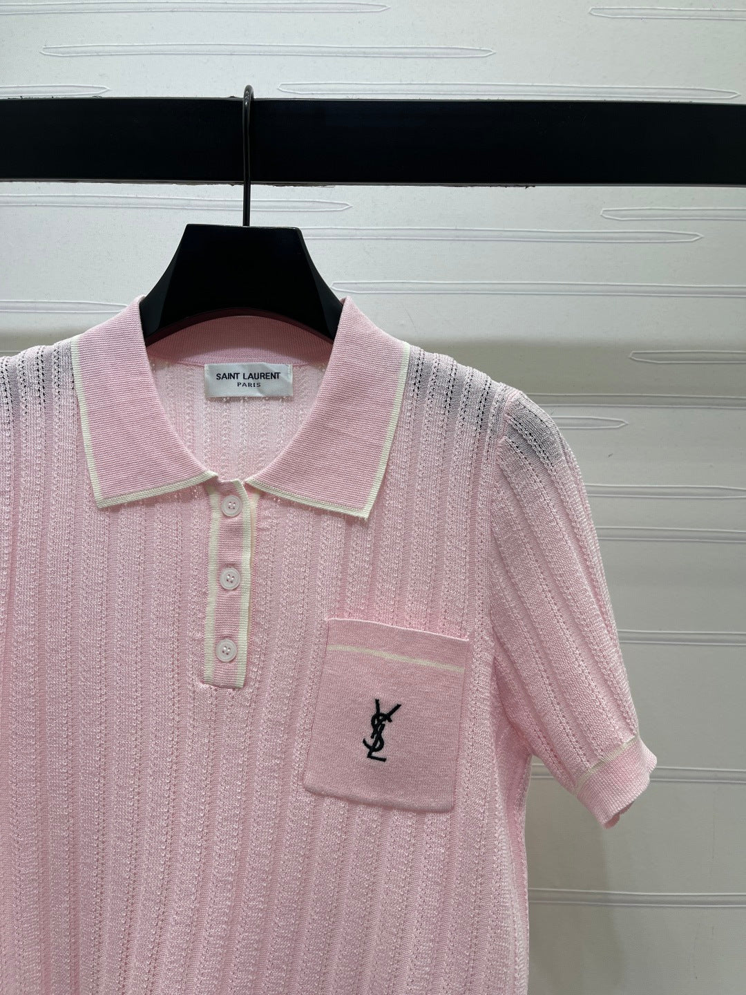 YSL 26s Knit Short-Sleeved Top Light Pink Silk Linen 401586