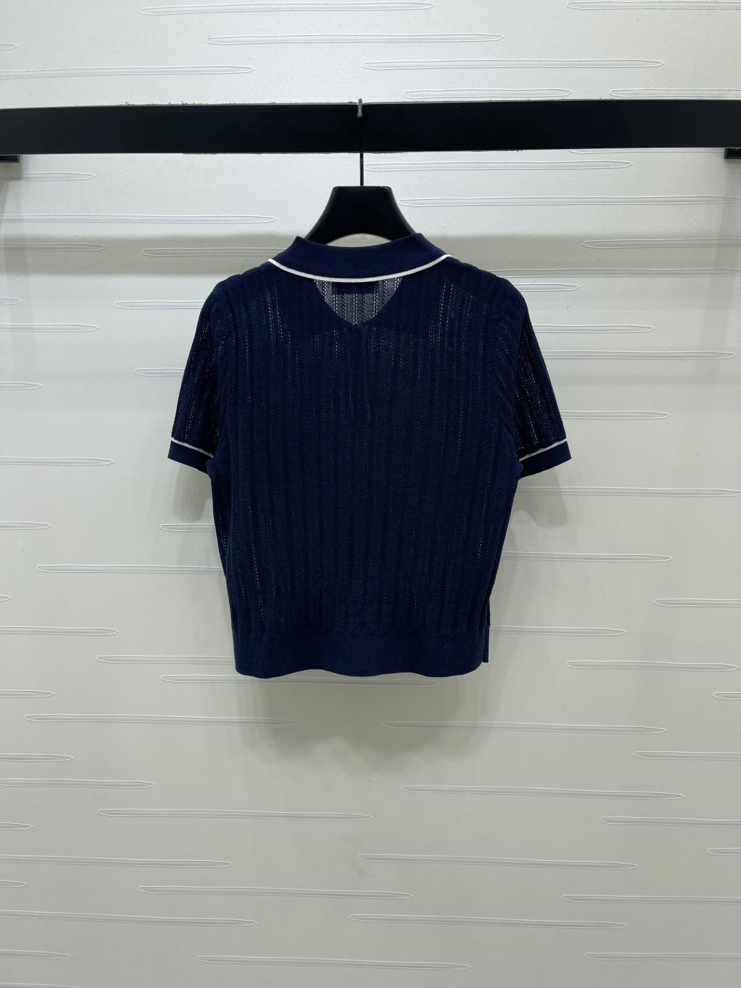 YSL 26s Knit Short-Sleeved Top Navy Blue Silk Linen 401585