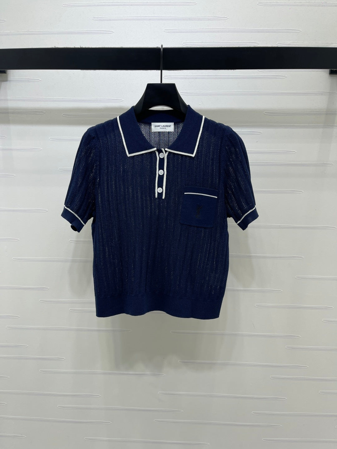 YSL 26s Knit Short-Sleeved Top Navy Blue Silk Linen 401585
