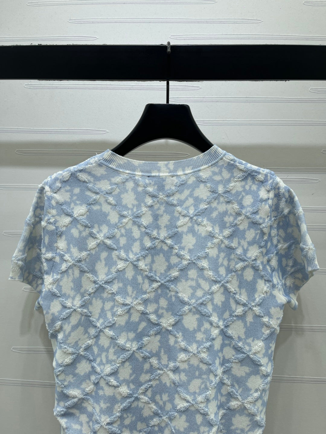 CC 26s Floral Knit Short-Sleeved Top Blue White Wool 401606