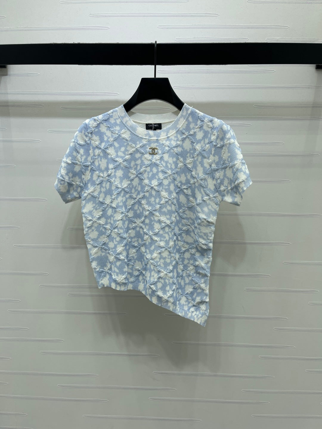 CC 26s Floral Knit Short-Sleeved Top Blue White Wool 401606