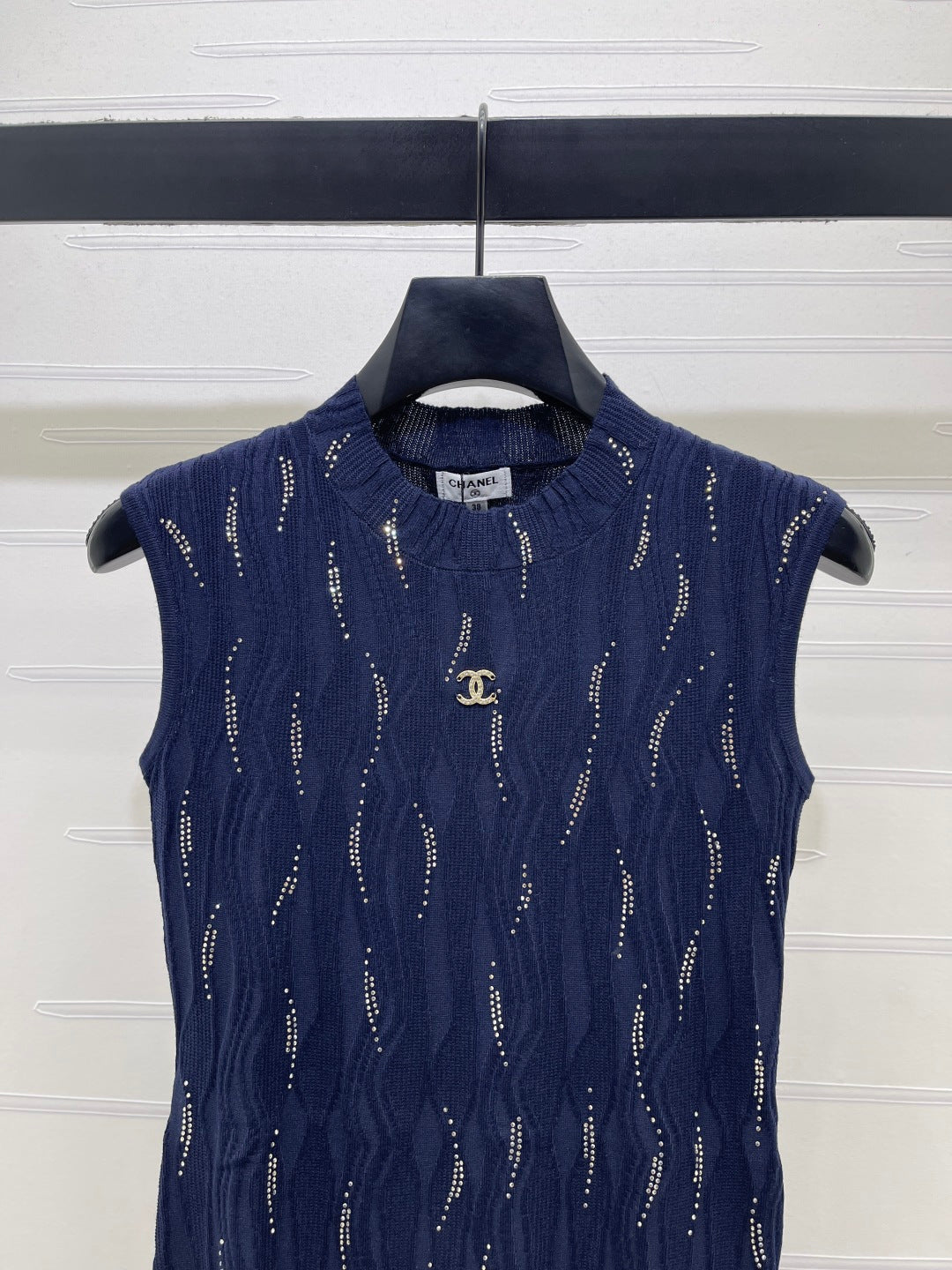 CC 26s High-Neck Rhinestone Knit Vest Dark Blue Wool 410773