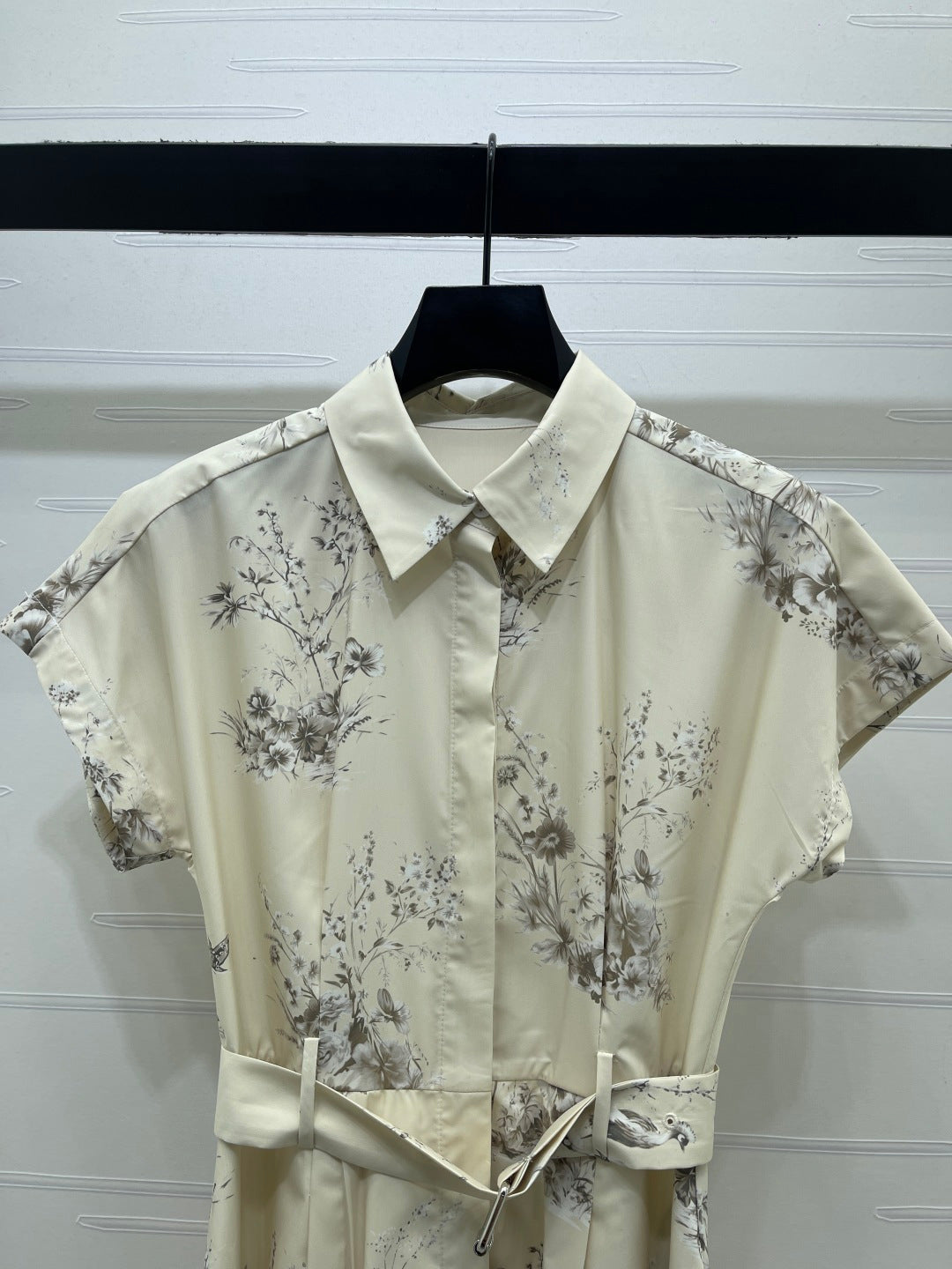 CD 26s Floral Print Collar Short Sleeve Dress Cream Polyester 406525